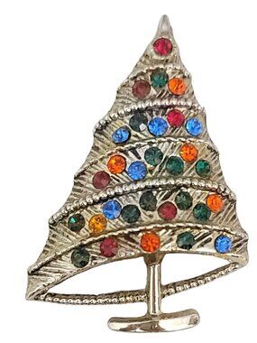 BJ Gold Tone Multicolor Rhinestone Christmas Tree Brooch Signed